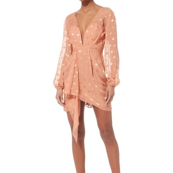 Michelle Mason Polka Dot Plunge Long Sleeve Mini Dress Pink Size 0 Cocktail - Picture 2 of 13